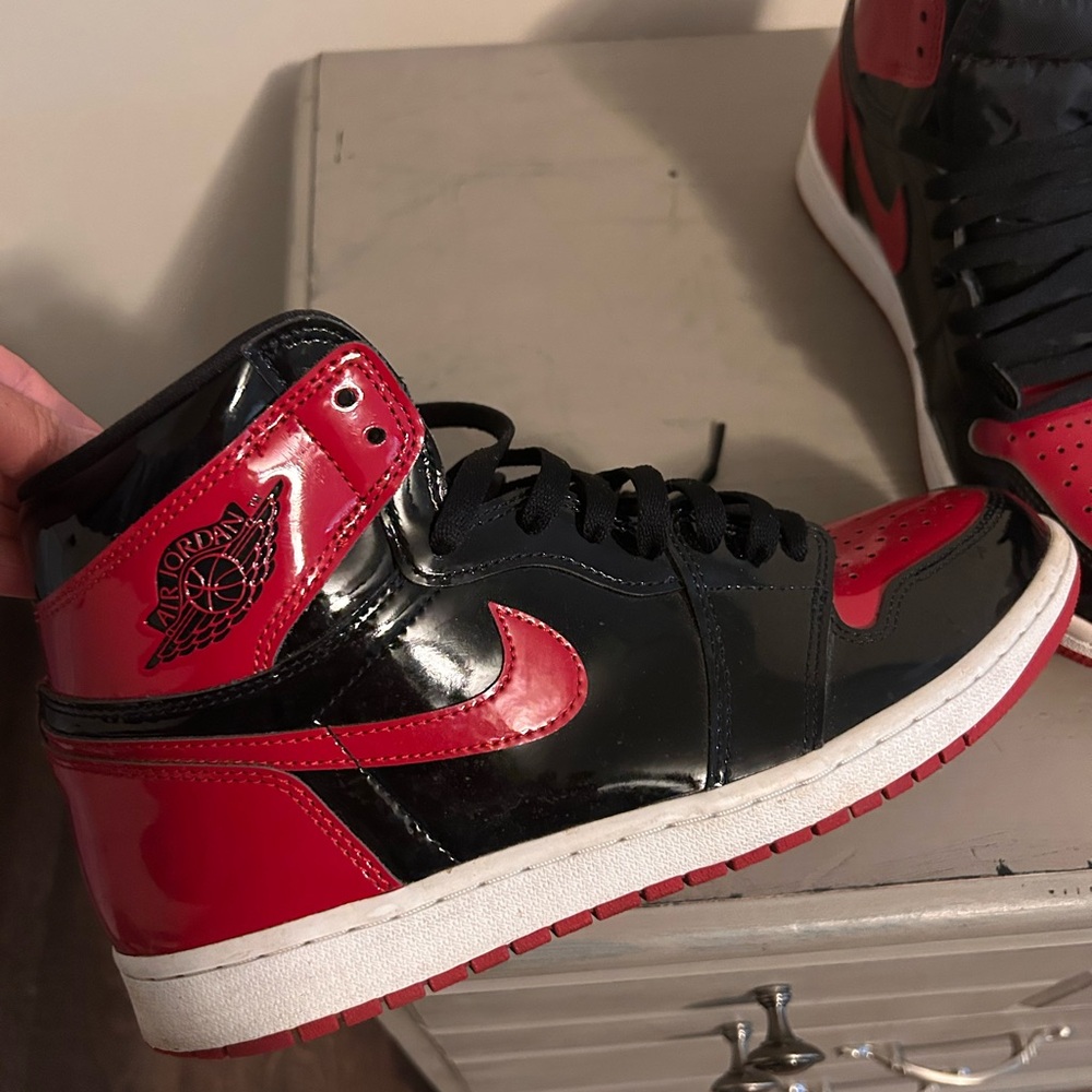Air Jordan Men’s Black and Red Sneakers OG patent leather design